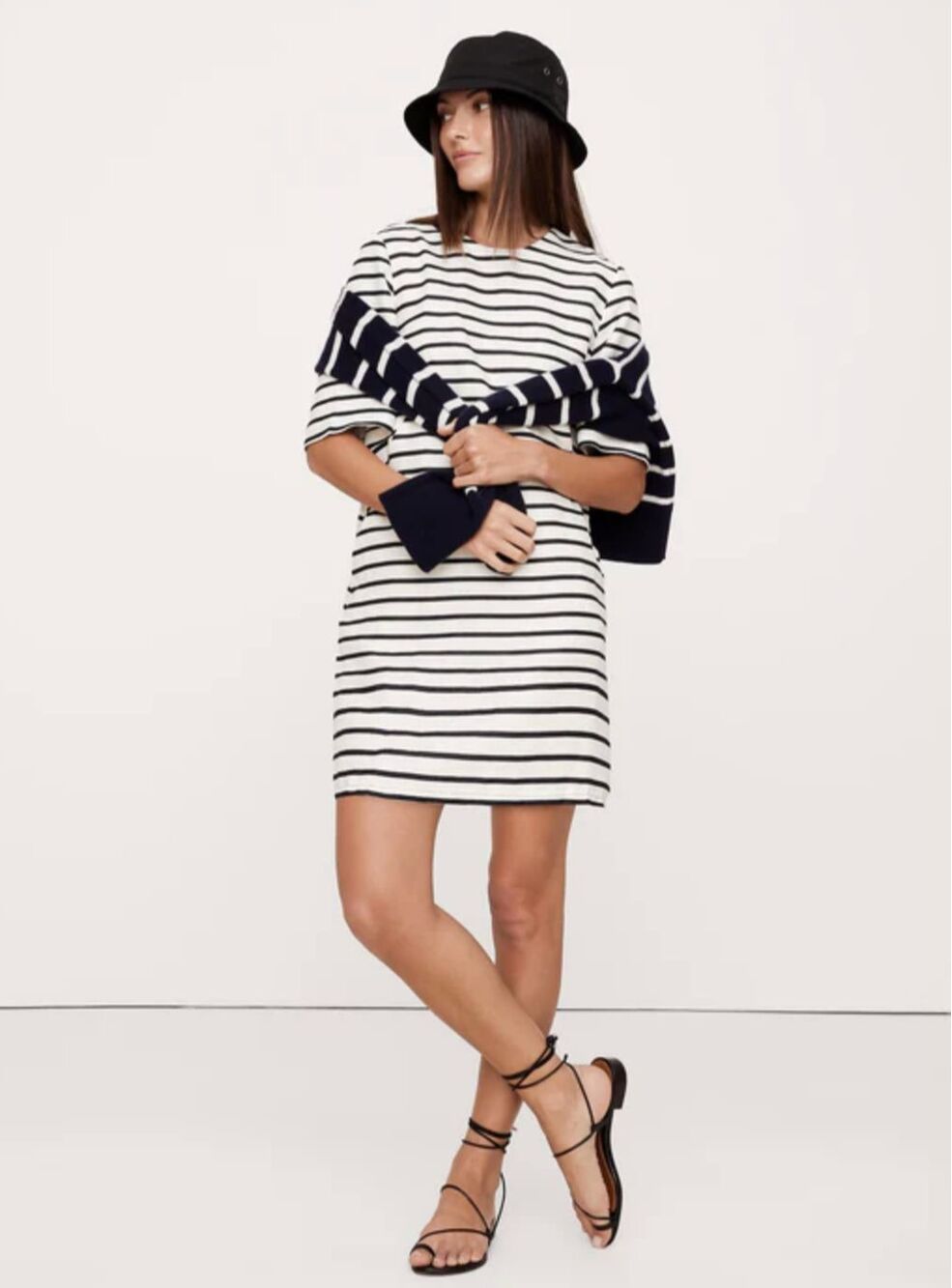 Banana Republic Linen Shift Dress Black Stripe Pockets Minimalist Sz 6
